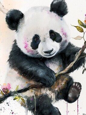 20x30 Baby Panda in a Tree Floral Watercolor Oil Painting Art Print